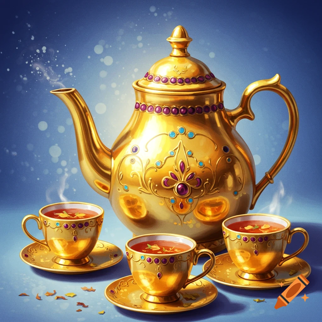 An ornate golden teapot and three matching teacups with tea, steaming, on a blue background.
