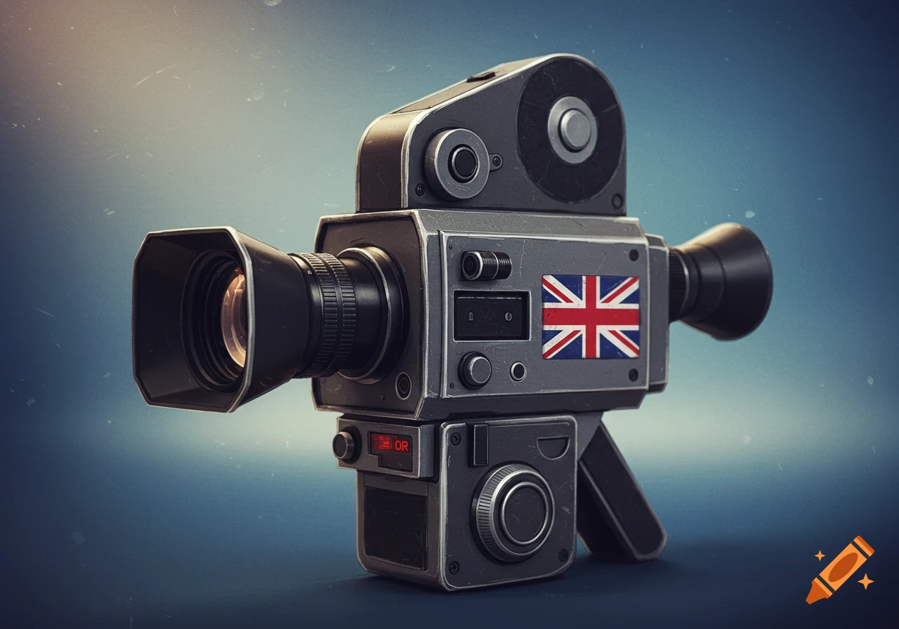 Old cinema video camera with a British flag sticker.