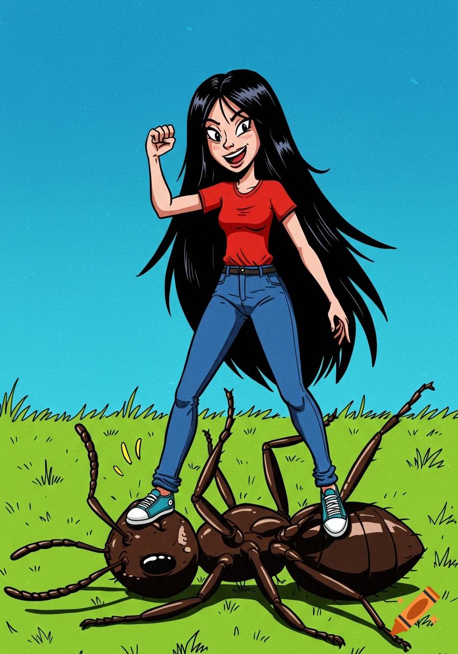 Cartoon of a young woman standing triumphantly on a giant ant in a grassy field.