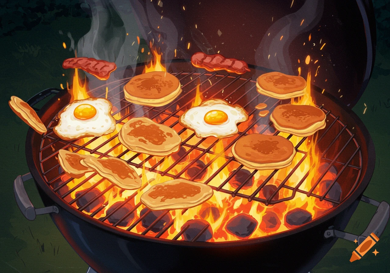 Illustrative depiction of pancakes and fried eggs cooking on a hot charcoal grill