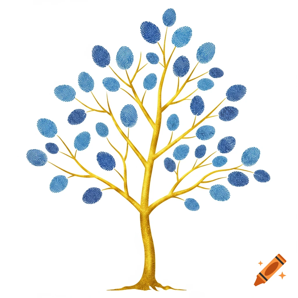 A golden tree with blue fingerprint leaves on a white background.