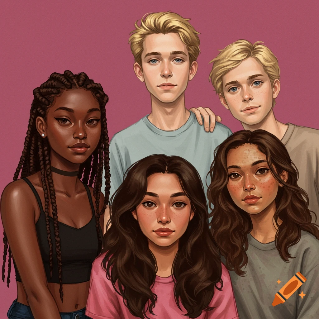A stylized illustration of five young people.