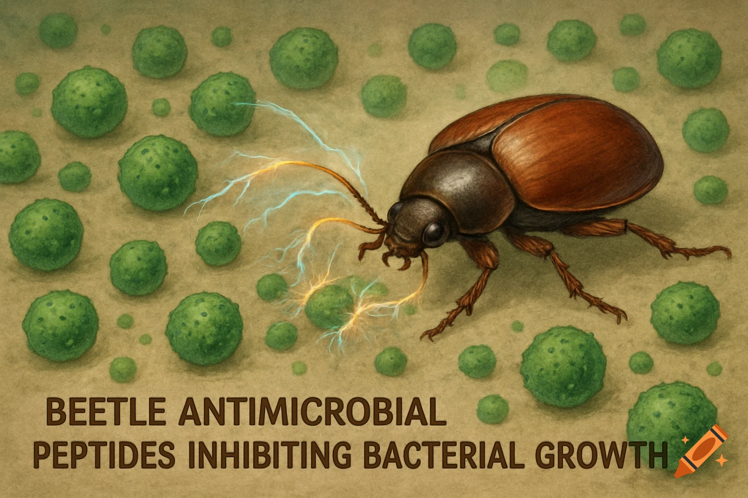 Illustration of a beetle among green spheres with energy connecting them.