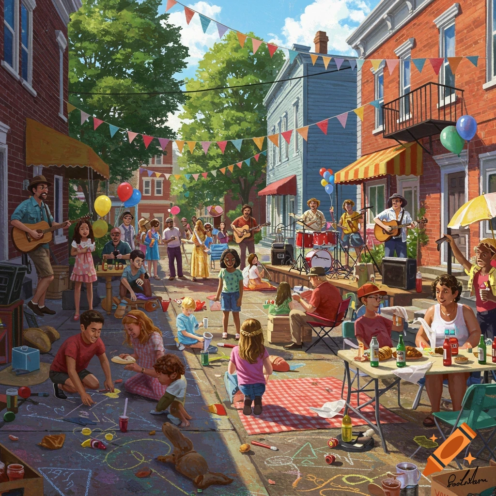 An illustration of a lively block party with people, musicians, food stalls, and children drawing on the street.