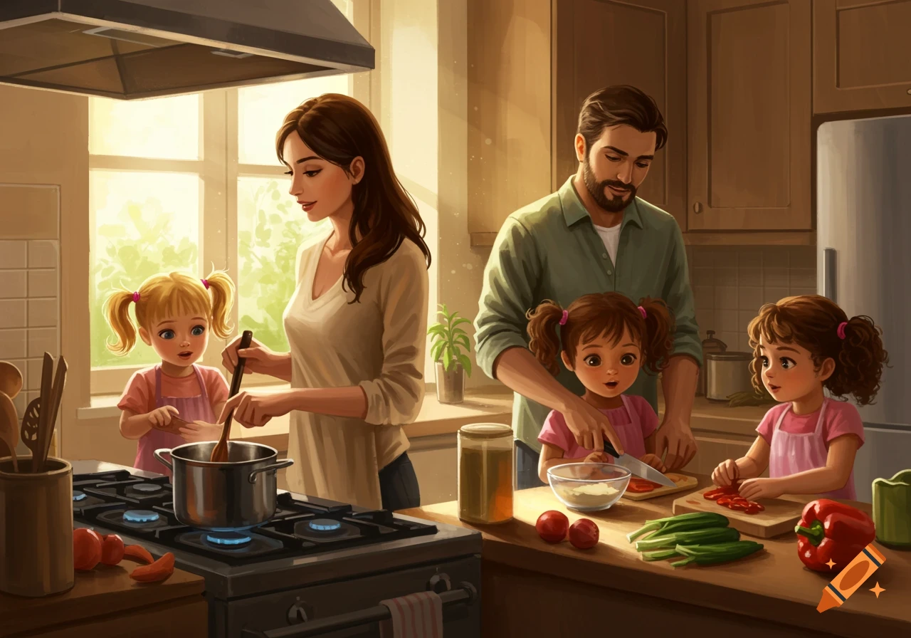 Family cooking in a kitchen with two children helping.