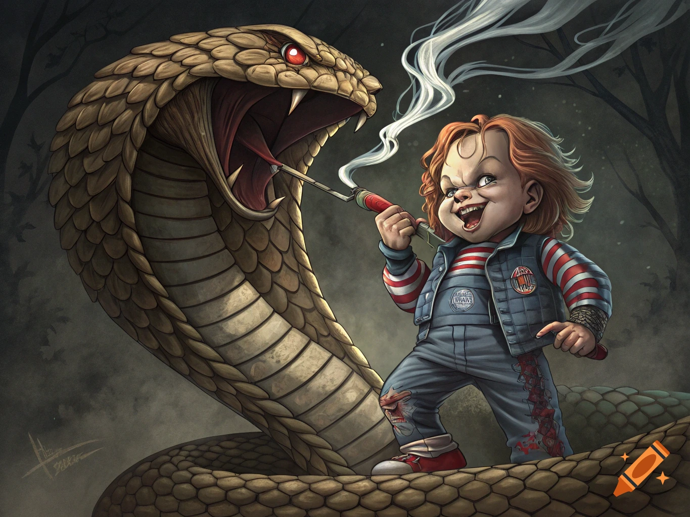 Stylized Chucky doll with a smoking poker confronts a giant cobra.