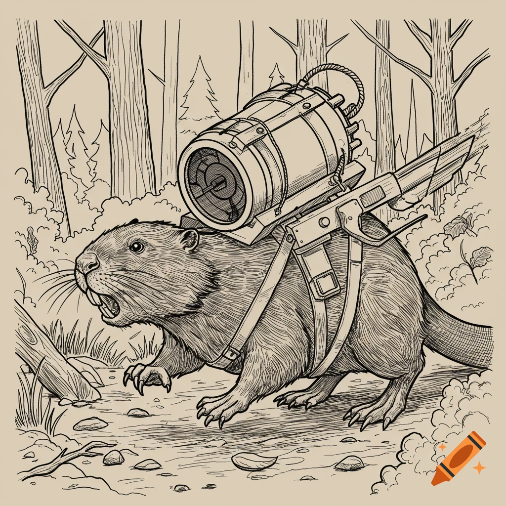A line art illustration of a beaver running through a forest, carrying ...