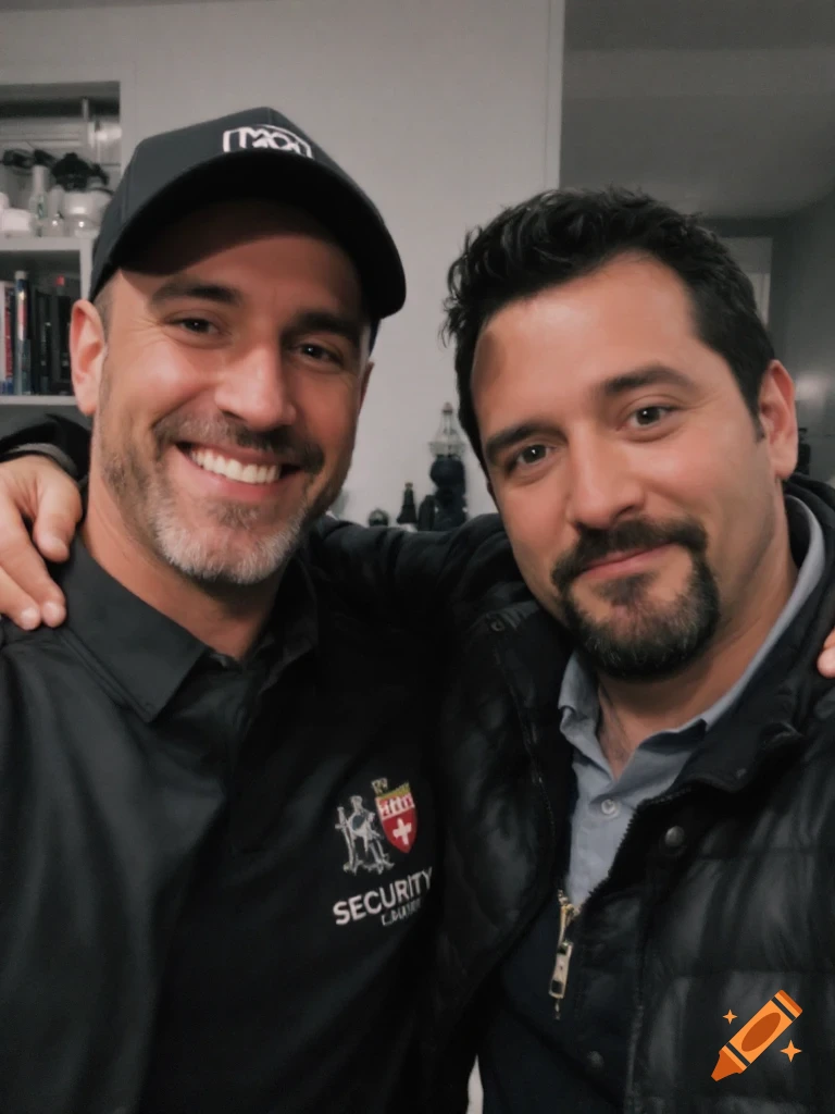 Two men smile at the camera, one wearing a security shirt and hat.