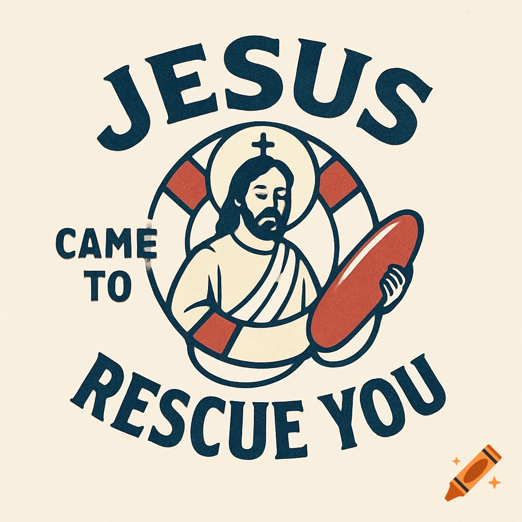 Stylized logo of Jesus Christ in life preserver with rescue can and text 'Jesus Came To Rescue You'.