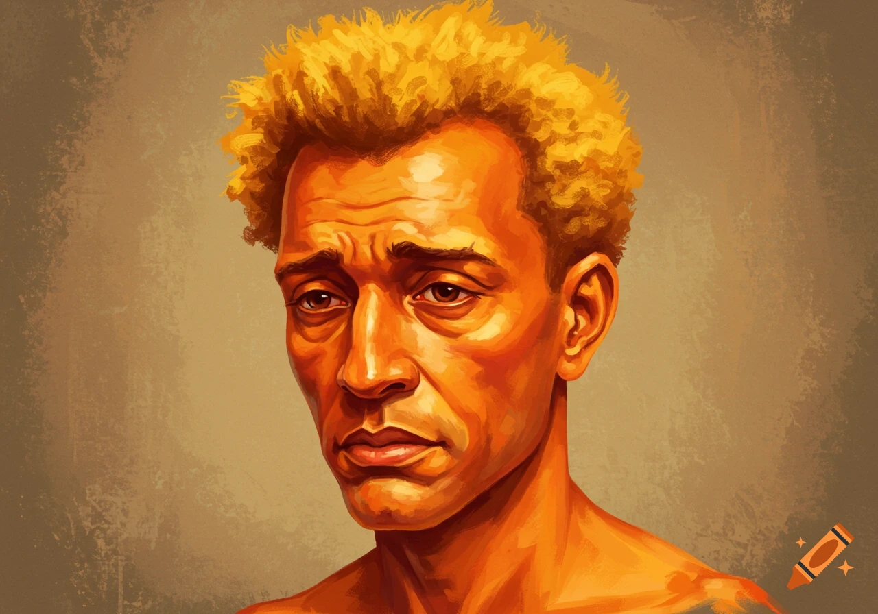 Painterly portrait of a sad orange-skinned man with yellow hair.