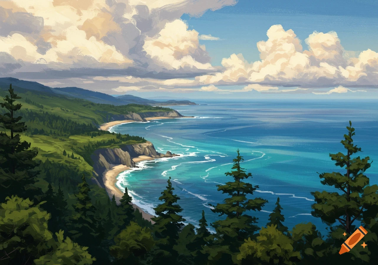 Painted coastal landscape with green hills, beach, blue ocean, and clouds.