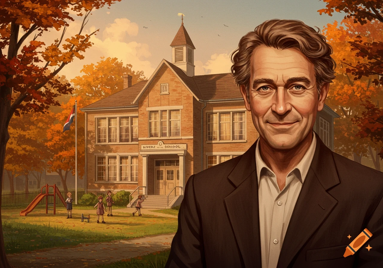 Man in suit standing in front of a school with children playing in autumn.