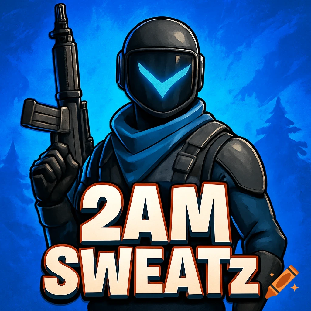 A masked figure in tactical gear with a rifle and the text "2AM SWEATZ" against a blue background.