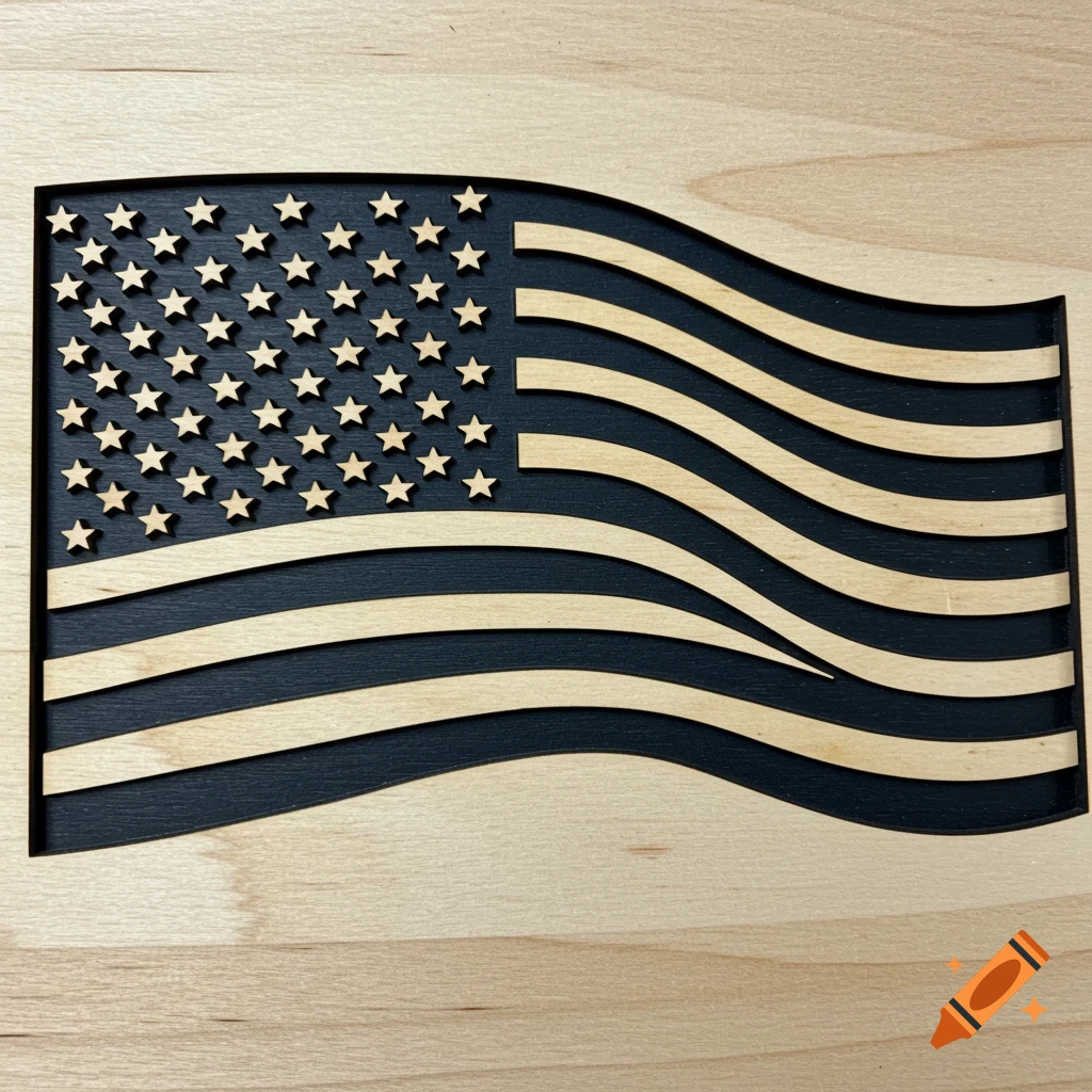 Wavy American flag design carved into light wood.