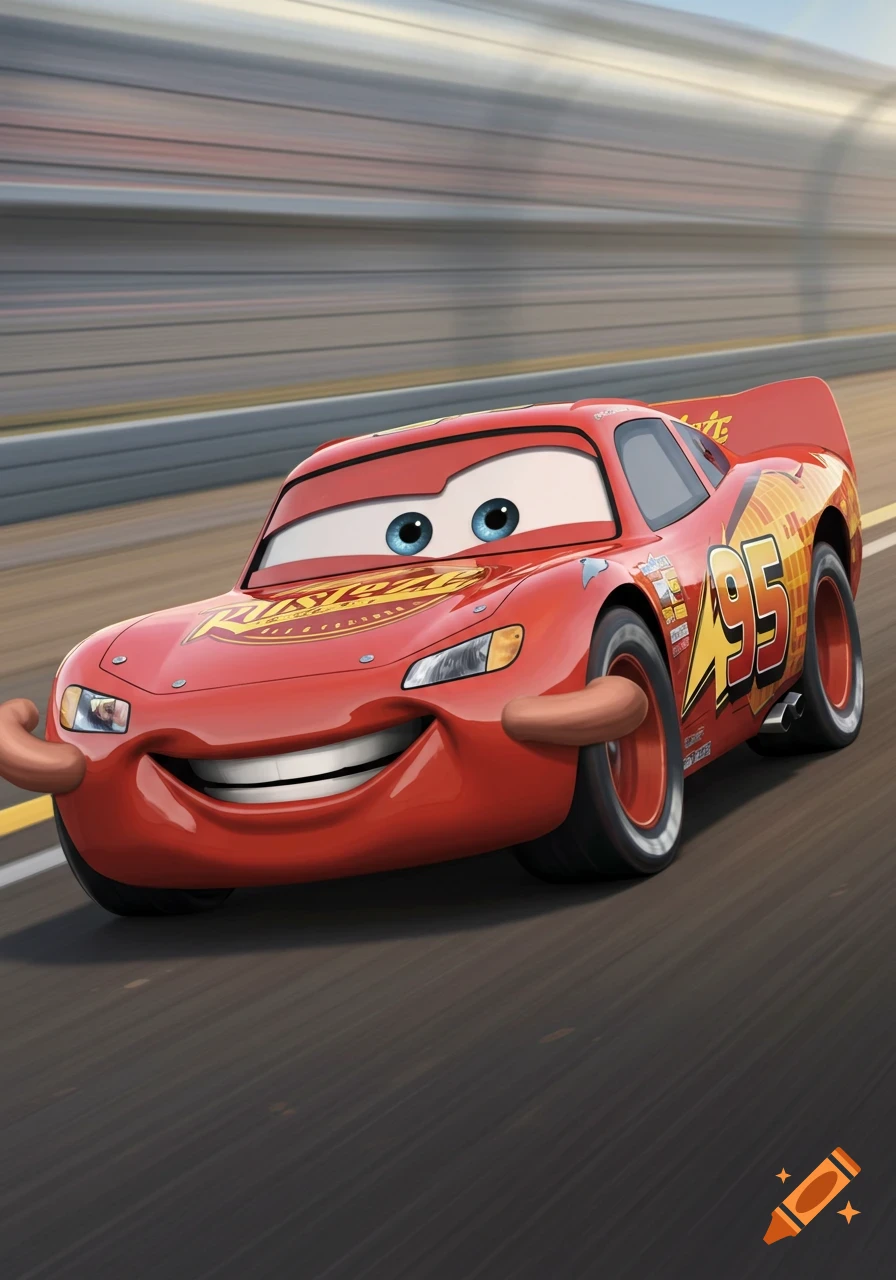 Lightning McQueen with elbows racing on a track, animated style