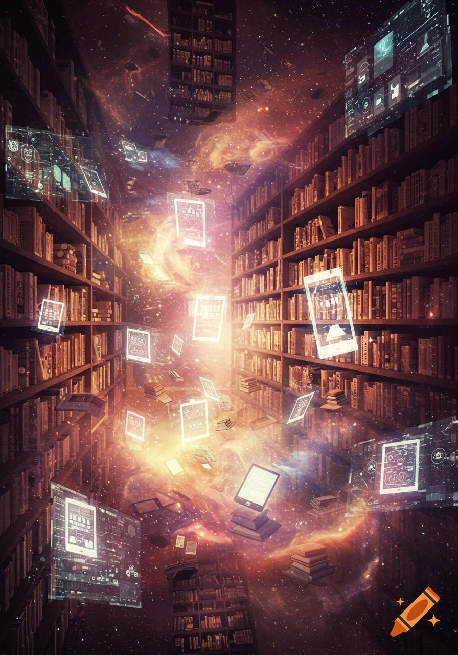 A library with shelves of books extending into a cosmic universe, with glowing screens and books floating around.