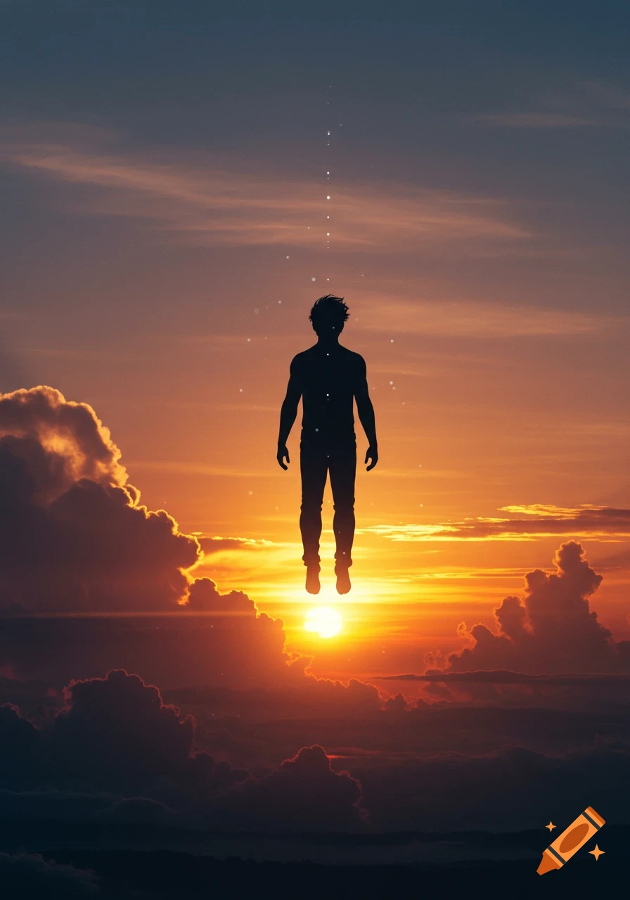 Silhouette of a person floating above clouds during a vibrant sunset.