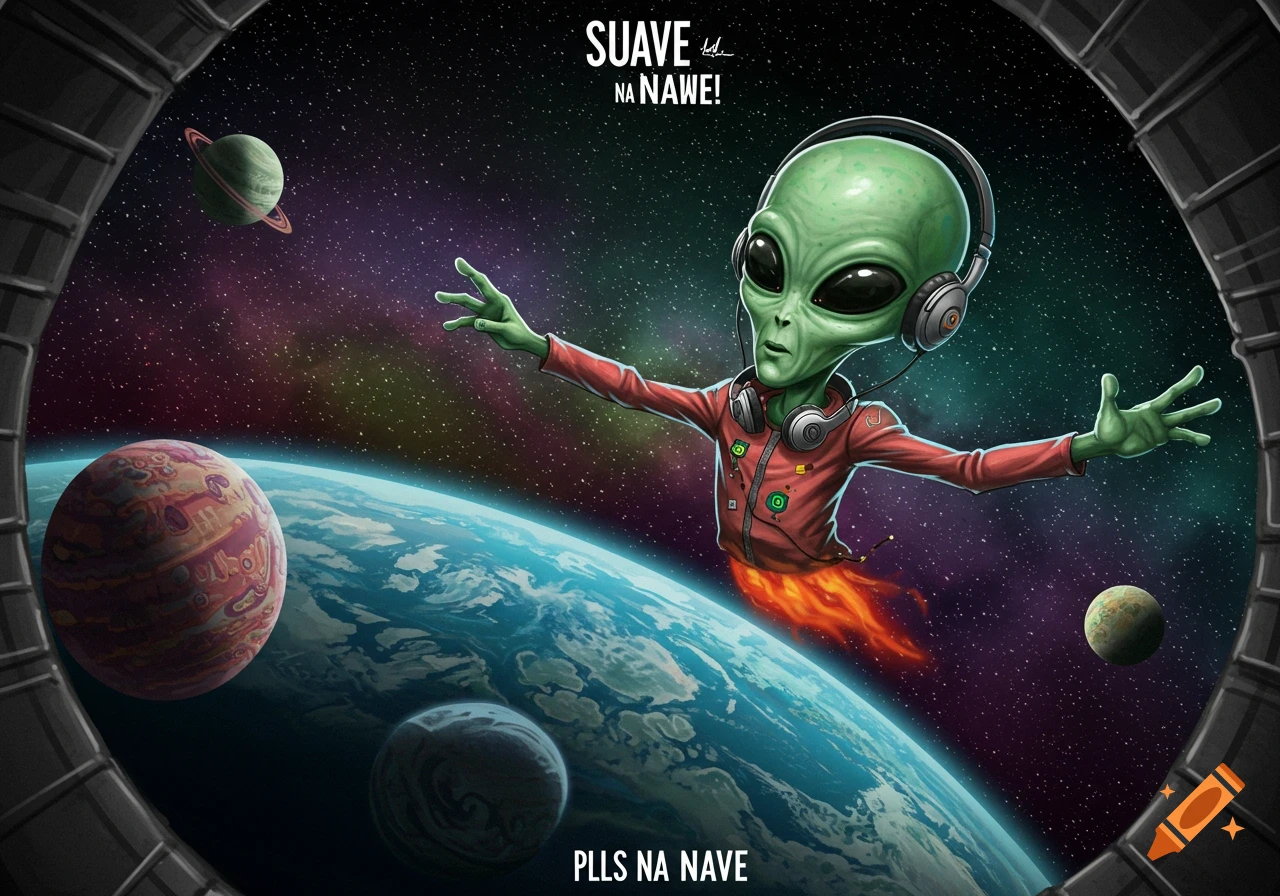 Cartoon alien with headphones floats in space with Earth and other planets visible