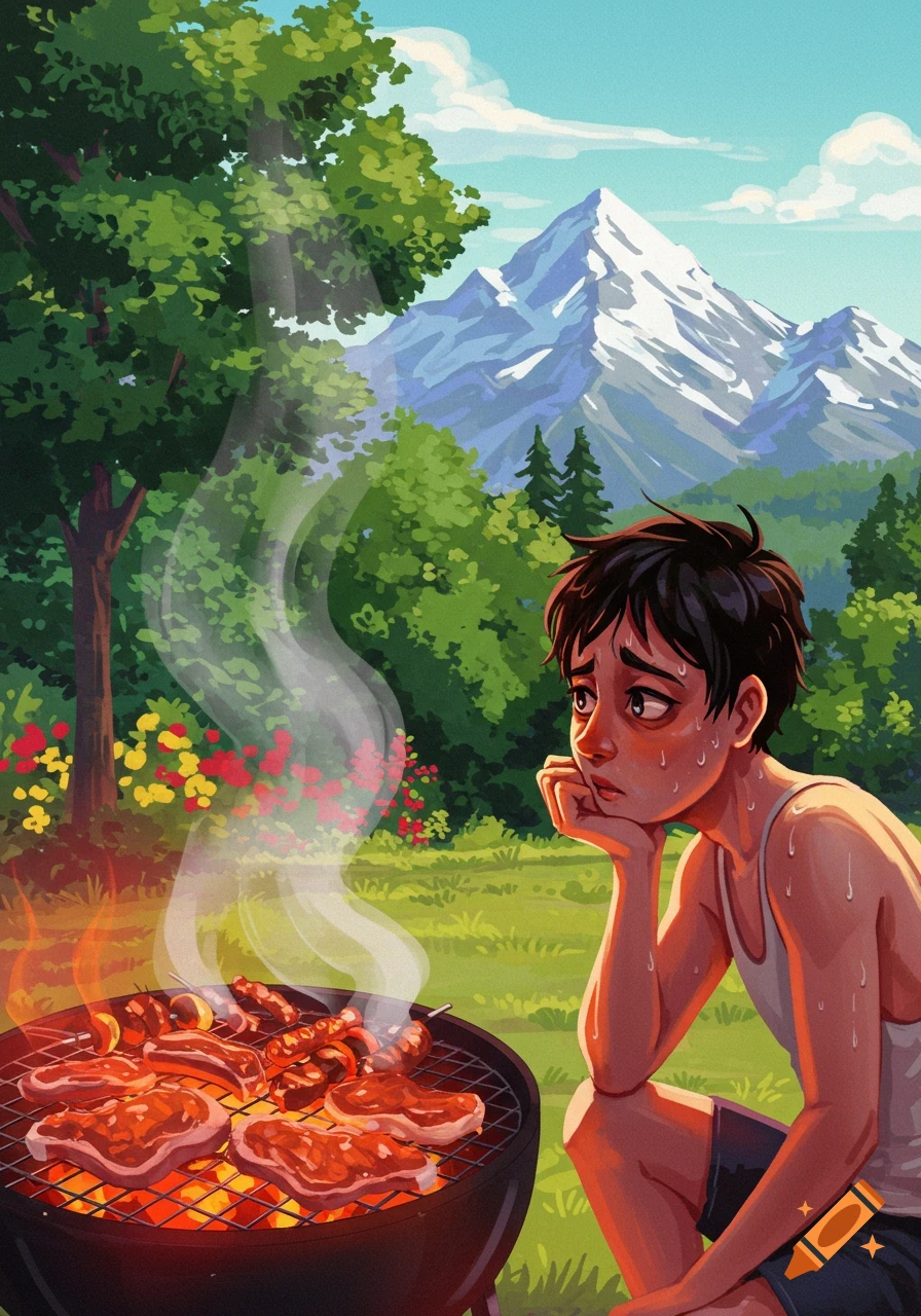 Illustration of a sweating person near a barbecue grill with mountains in the background.