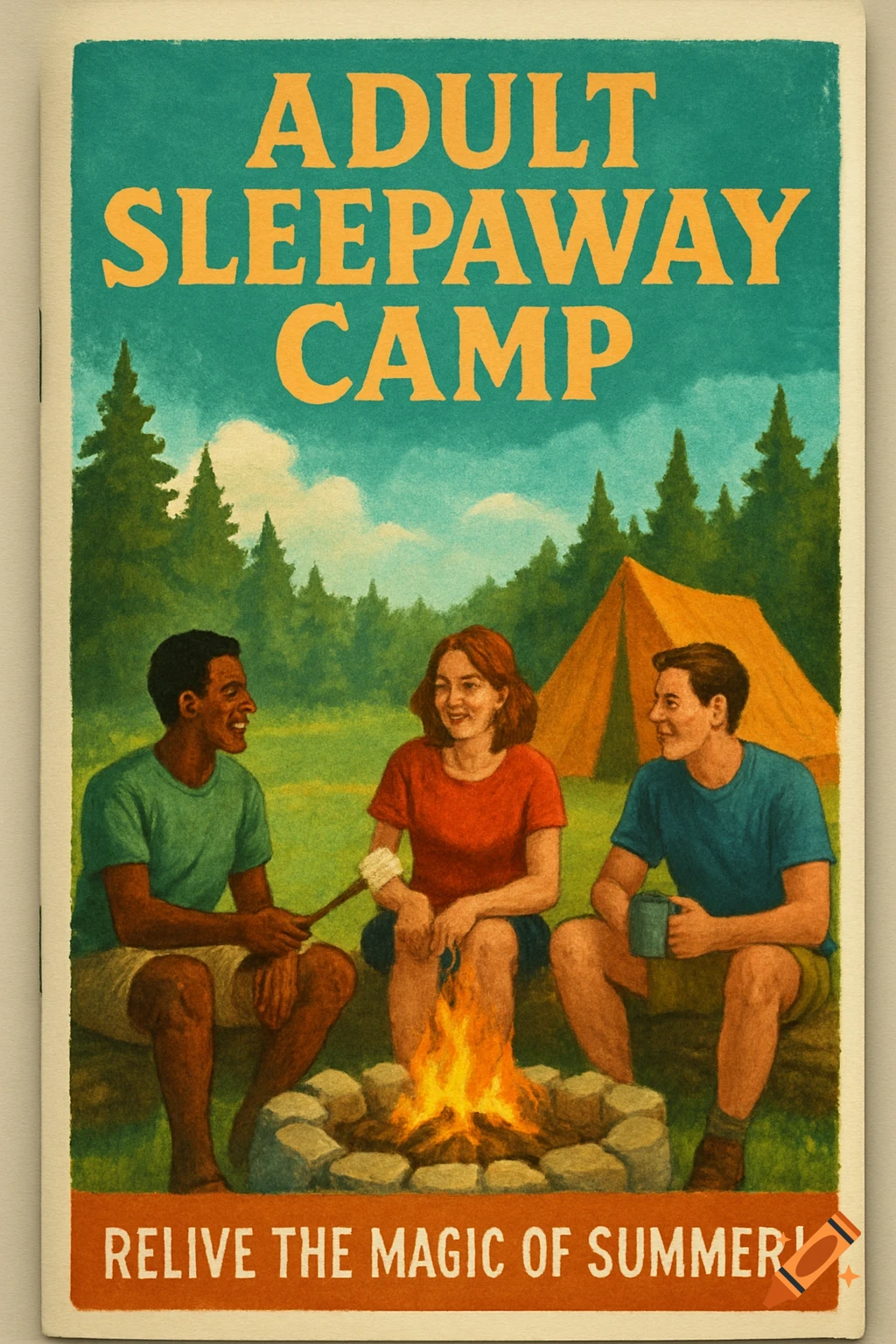 A retro-style poster for an adult sleepaway camp showing three people sitting by a campfire.