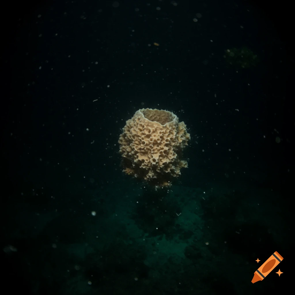 A sea sponge floating in dark underwater.