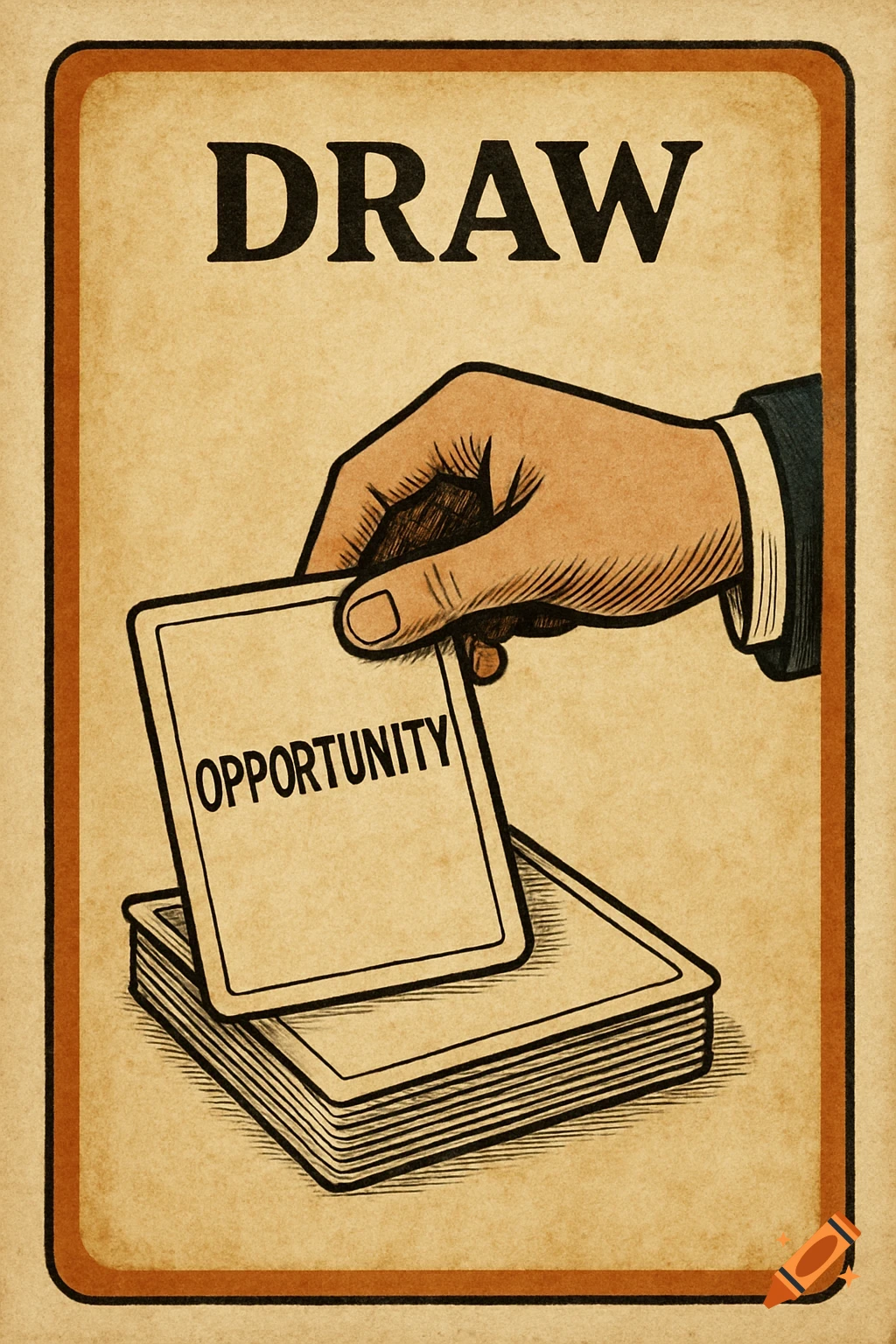 Vintage illustration of a hand drawing a card labeled "OPPORTUNITY" from a deck, with the word "DRAW" above.