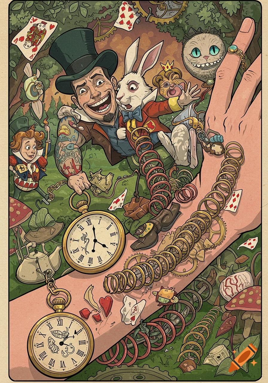 Stylized illustration of a man with a tattooed arm featuring the White Rabbit and other Alice in Wonderland characters, clocks, gears, and springs.