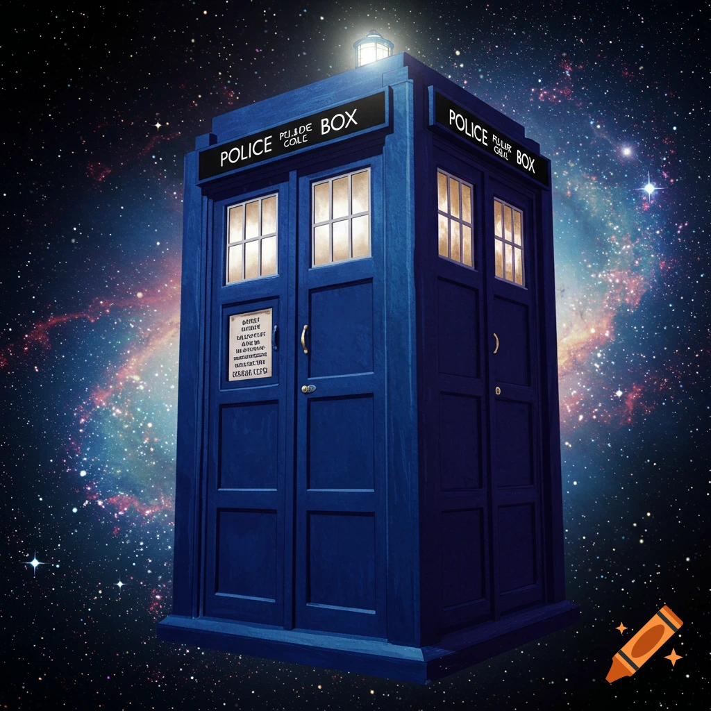 A blue police box, the Tardis, floats in space with a colorful galaxy behind it.
