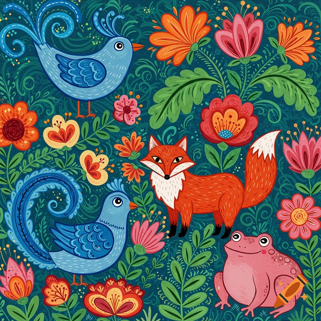 Colorful folk art illustration of birds, fox, frog, and flowers on a dark background.