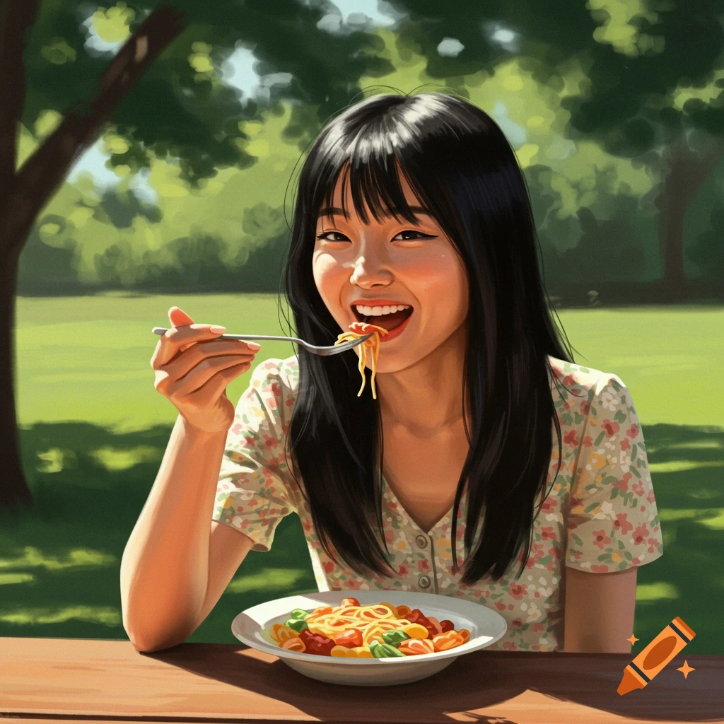 A woman eats pasta at a table in a park in a painterly style.