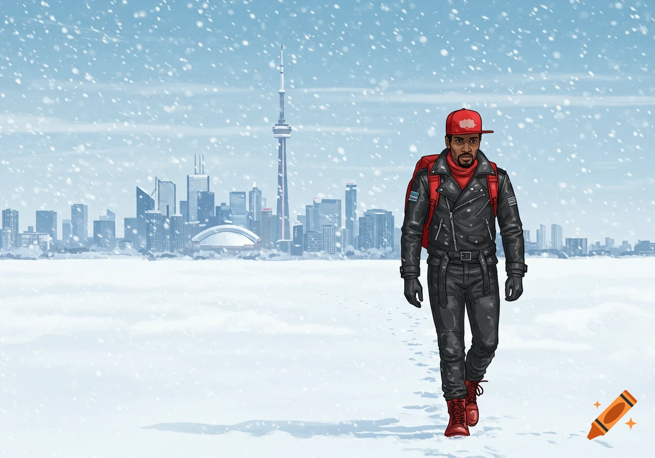 Cartoon man in leather jacket walks through snow with Toronto skyline and CN Tower in distance.