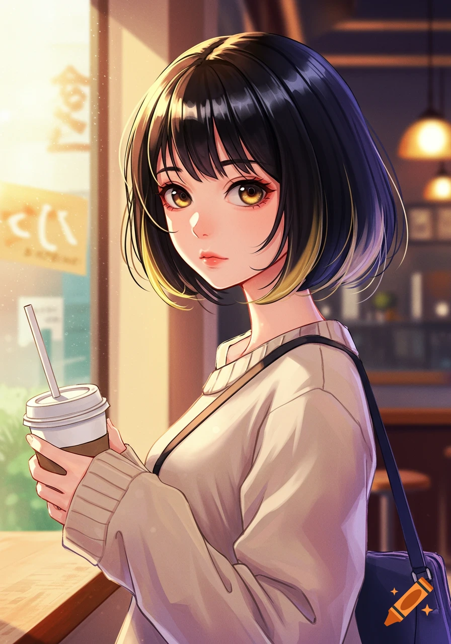 Anime girl in a coffee shop holding a coffee cup
