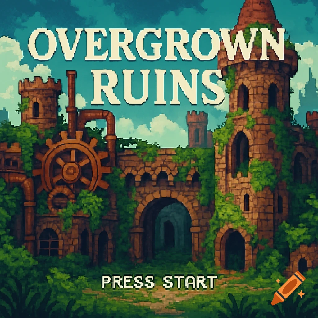 Pixel art game title screen of overgrown steampunk ruins with towers, gears, and the text 'OVERGROWN RUINS' and 'PRESS START'.