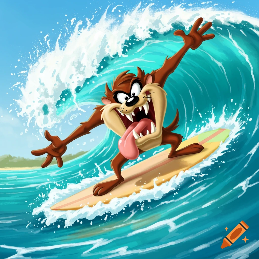 Cartoon illustration of Taz the Tasmanian Devil surfing a large wave