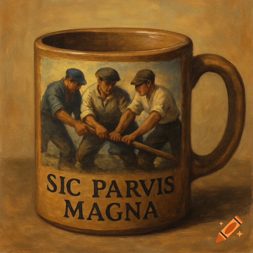 A painted coffee mug with men working and Latin text.