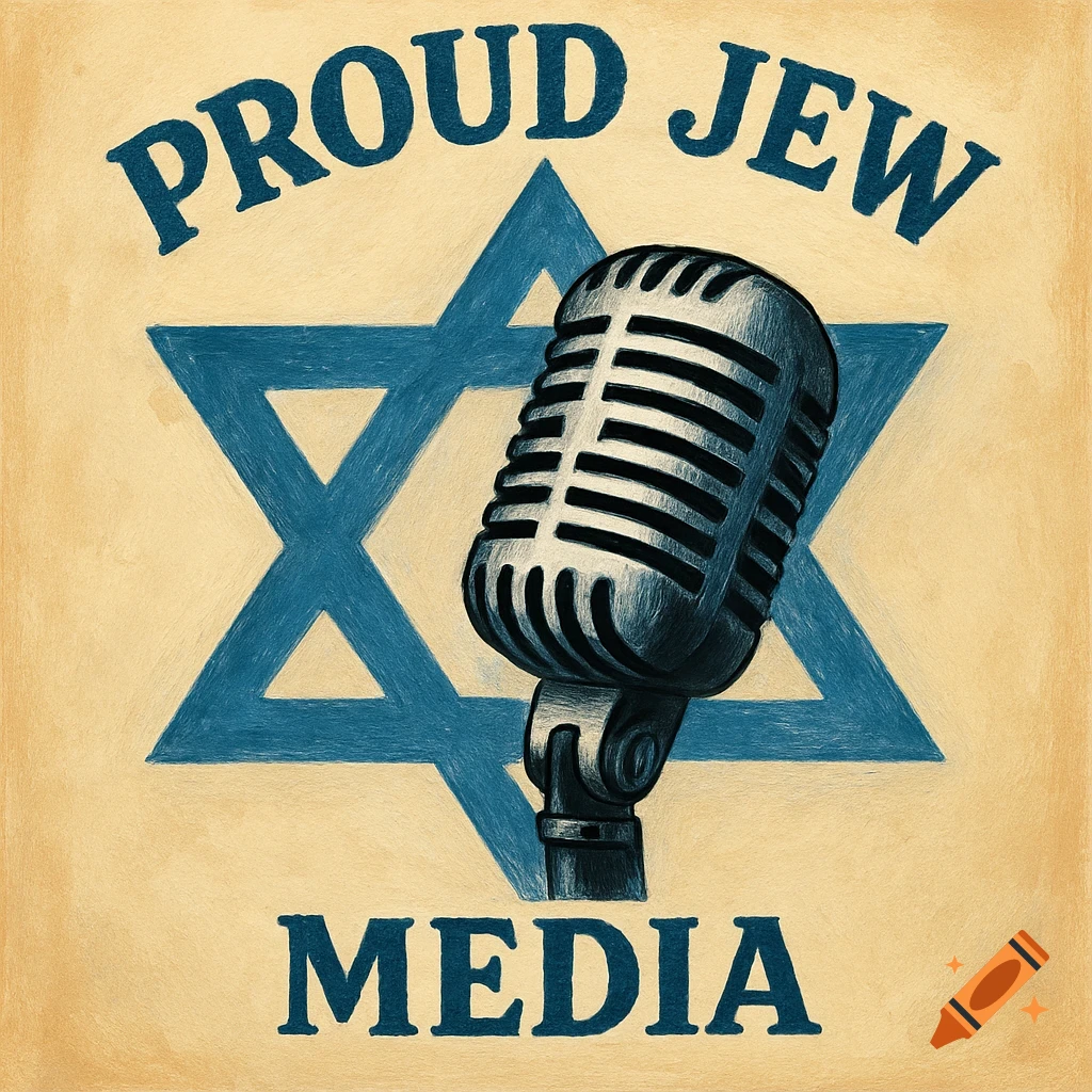 A podcast cover with a microphone in front of a blue Star of David. Text reads "PROUD JEW MEDIA". Drawing style.