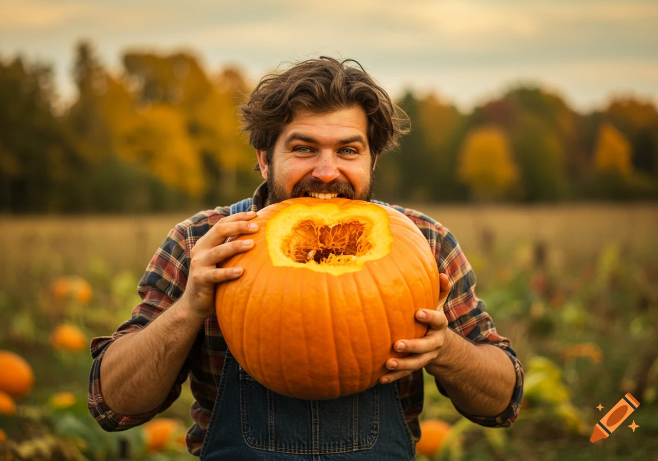 A smiling man in overalls and a plaid shirt bites into a large pumpkin in an autumn field.