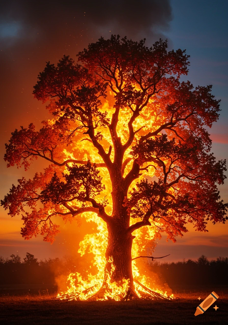 A large tree is fully engulfed in bright orange flames at sunset in a field.