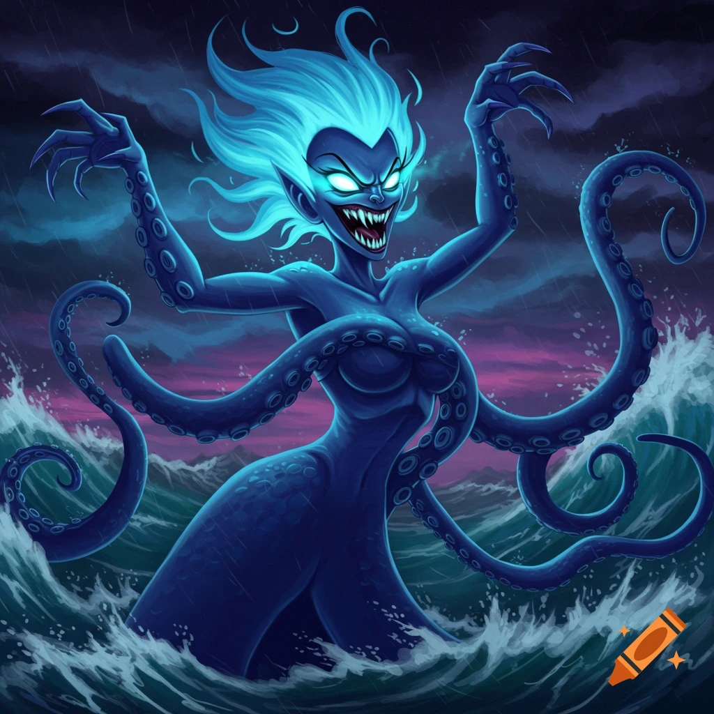 A stylized blue sea witch with tentacles rises from stormy water in a cartoon style.