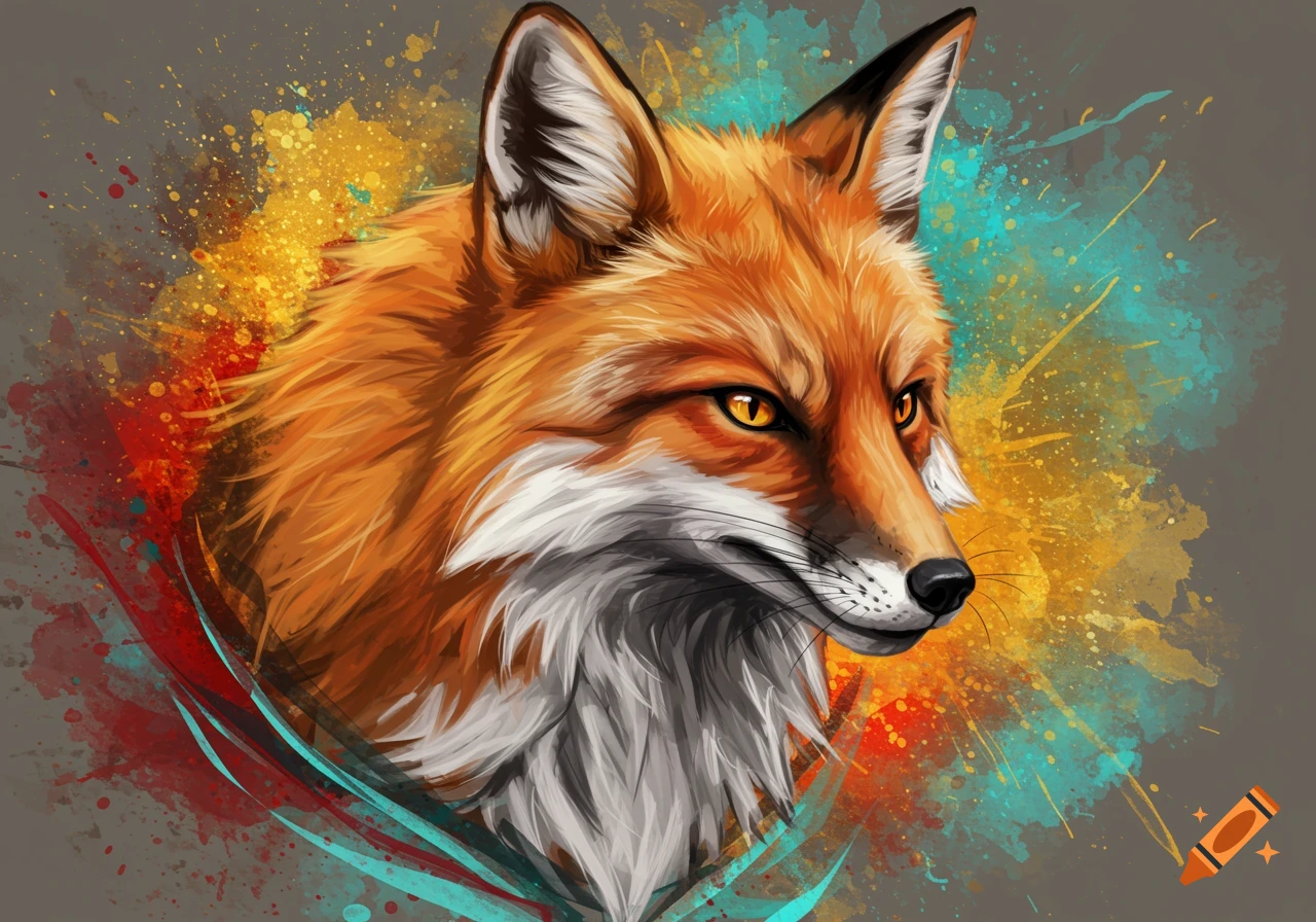 Watercolor illustration of a fox head with colorful splashes.