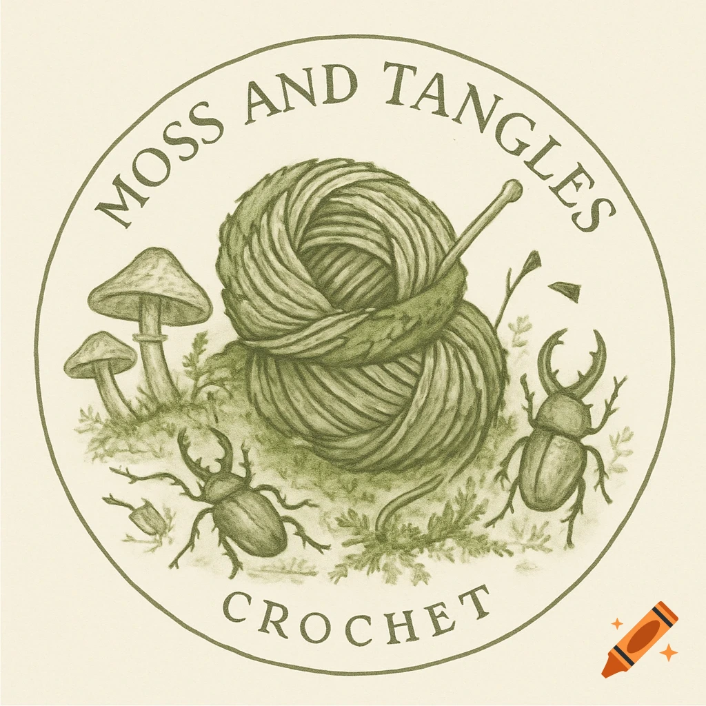 Circular logo with yarn, mushrooms, and beetles, reading 'Moss and Tangles Crochet' in a delicate drawing style.