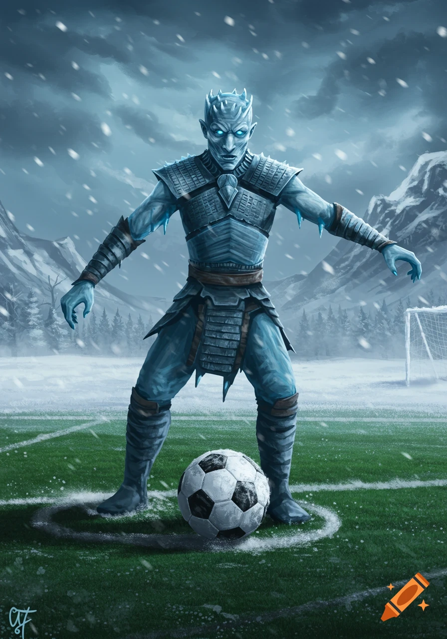 Fantasy character resembling the Night King standing on a snowy soccer field with a ball