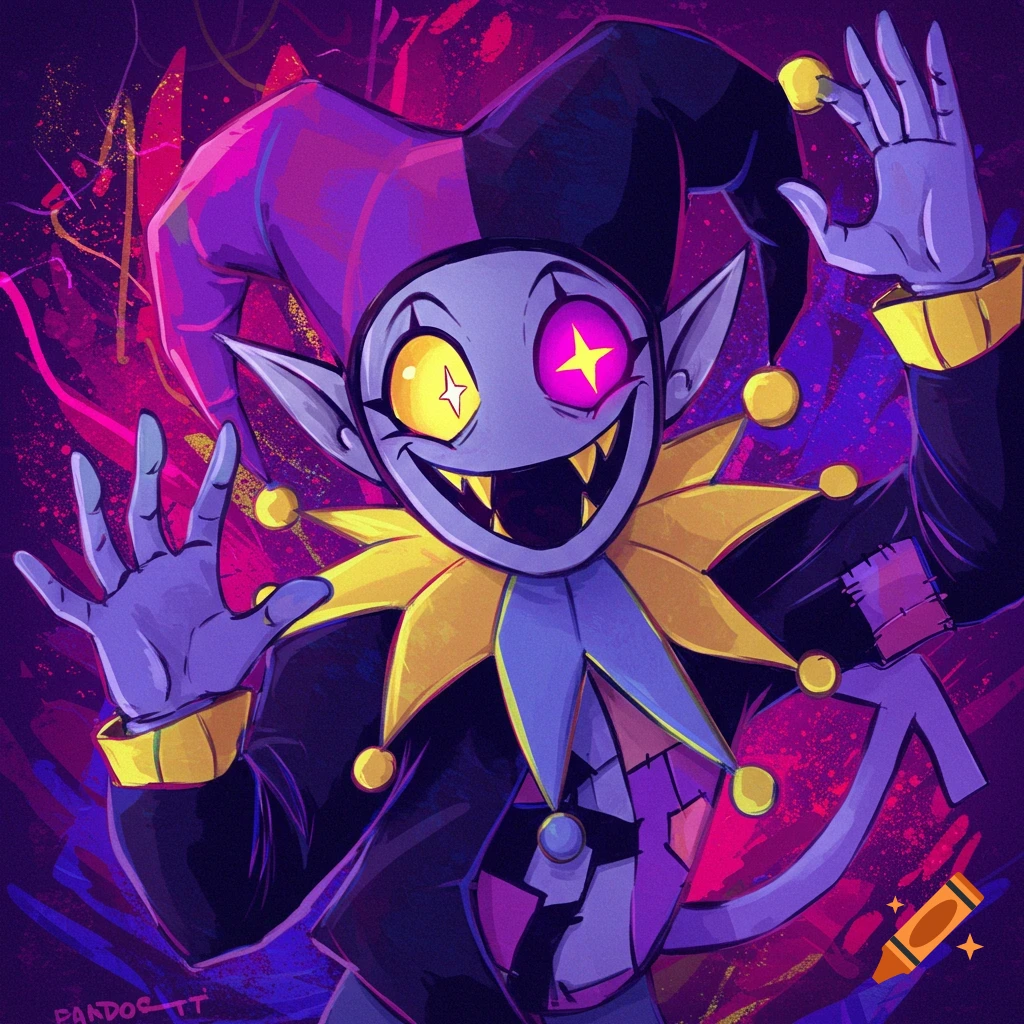 Illustration of a purple jester character with sharp teeth and mismatched eyes, wearing a purple and black hat.