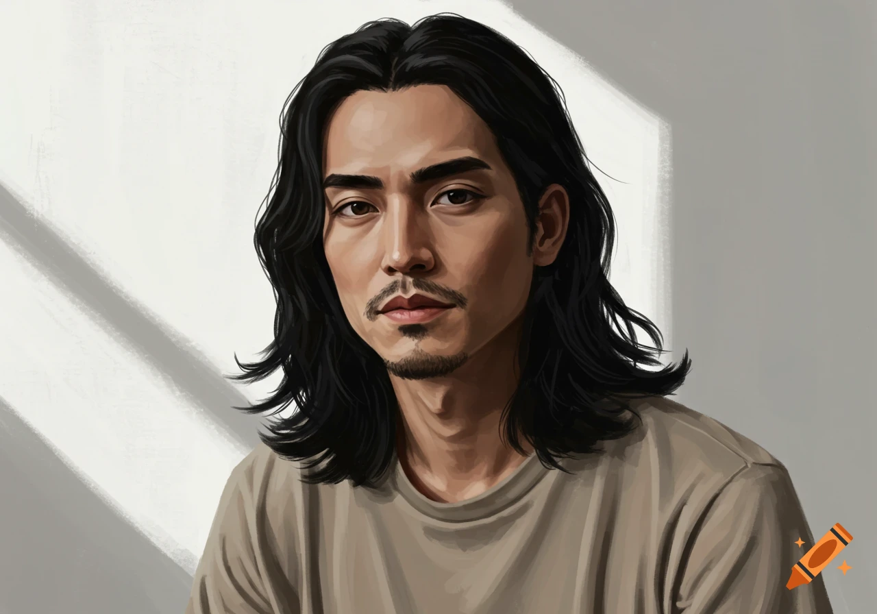 Digital painting portrait of a man with long black hair and goatee