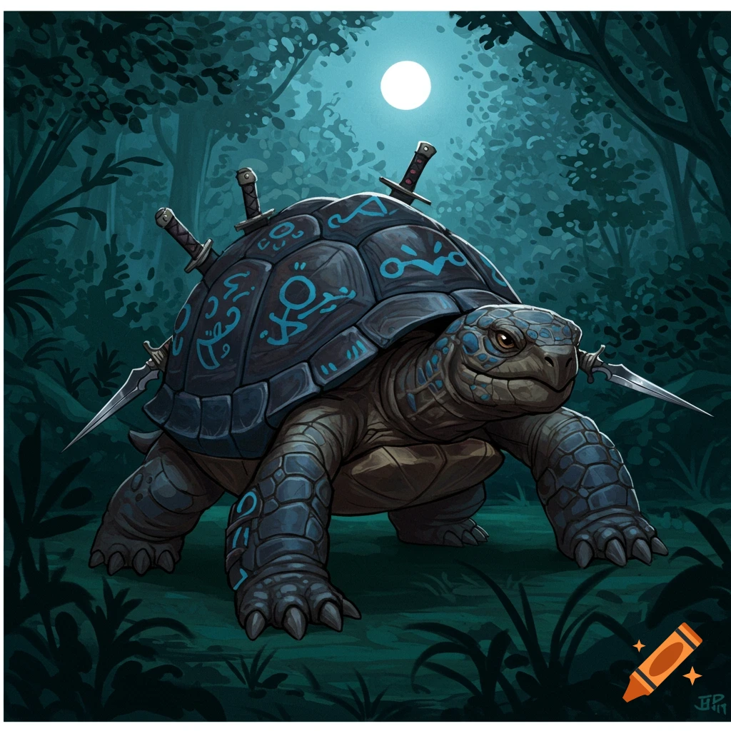 A fantasy illustration of a tortle with swords stuck in its shell in a forest at night.