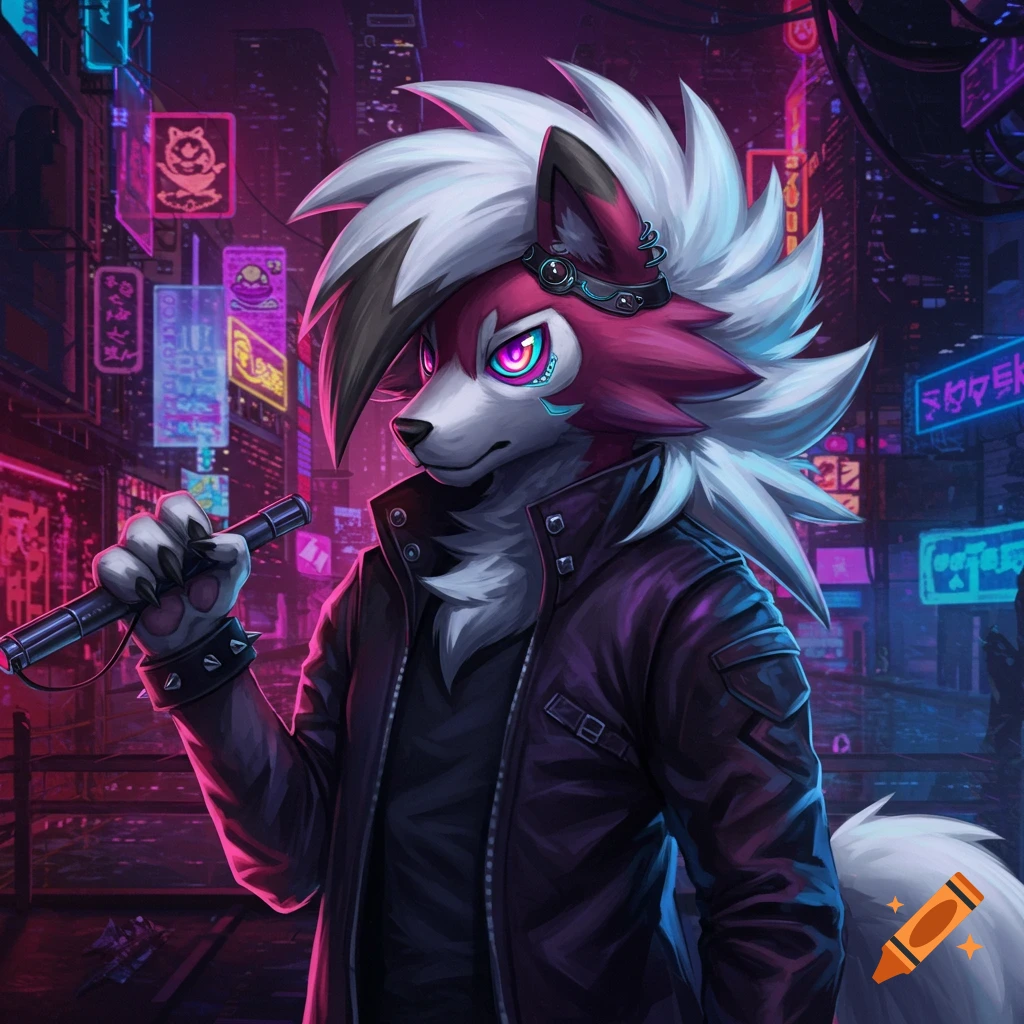 Anthro Lycanroc Pokemon in a cyberpunk city at night, wearing a leather jacket.