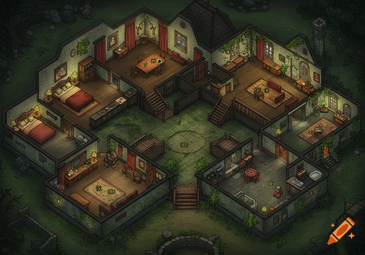 Isometric floor plan map of a haunted mansion