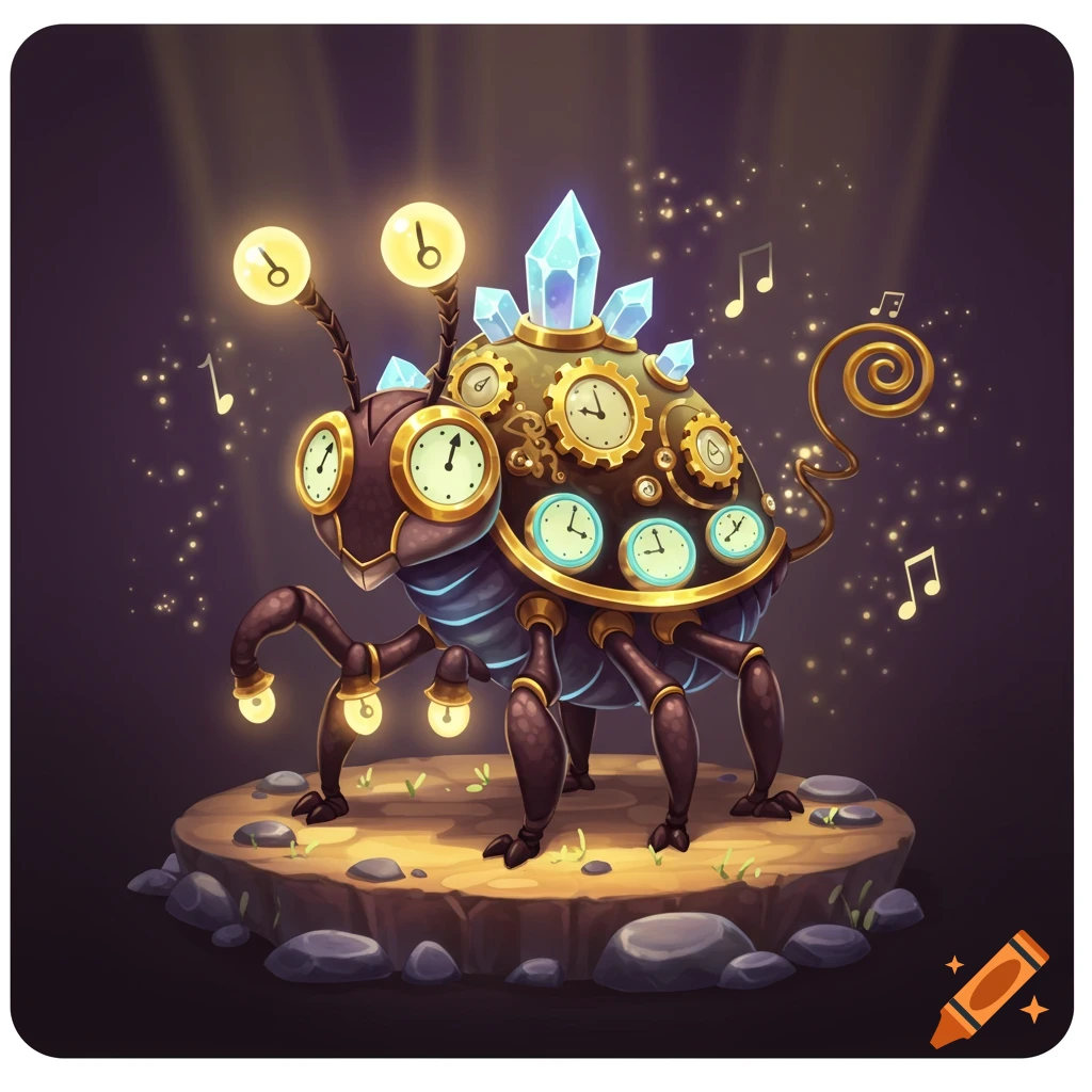 A whimsical clockwork insect fantasy creature stands on a stage, surrounded by musical notes and sparkling light.
