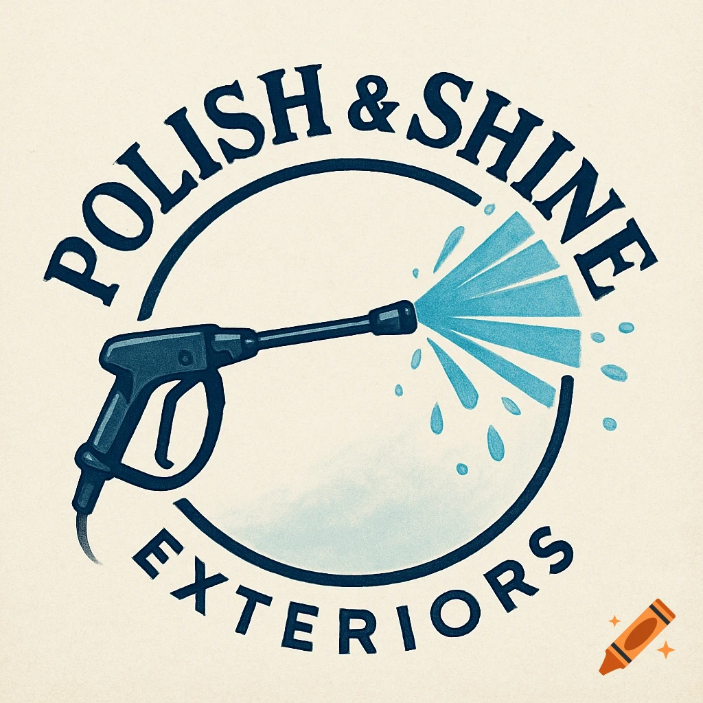 Logo illustration of a pressure washer spraying water inside a circle with text 'POLISH & SHINE EXTERIORS'.