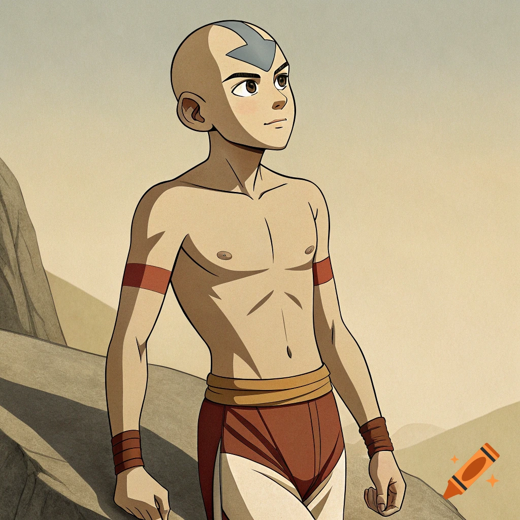Aang from Avatar standing in a desert landscape in an anime style.